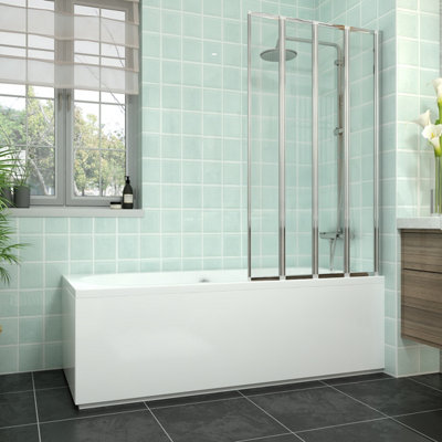 Rinse bathrooms Rinse Double Ended Bath 1700X700mm + Gloss White Front Wood Bath Panel + Chrome 4 Panel Folding Bath Screen from B&Q