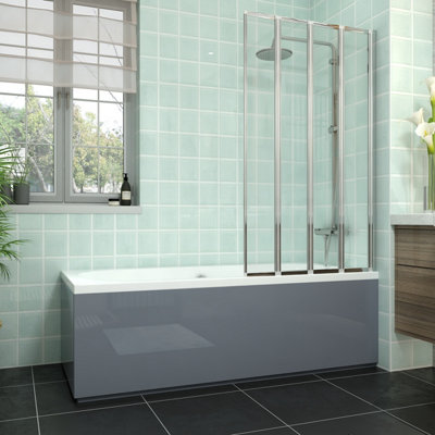 Rinse bathrooms Rinse Double Ended Bath 1700X700mm + Gloss Grey Front Wood Bath Panel + Chrome 4 Panel Folding Bath Screen from B&Q