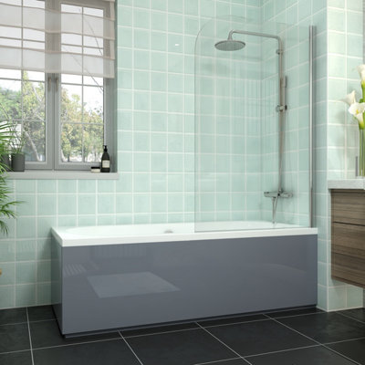 Rinse bathrooms Rinse Double Ended Bath 1700X700mm + Gloss Grey Front Wood Bath Panel + End Panel + Chrome Round Bath Screen from B&Q