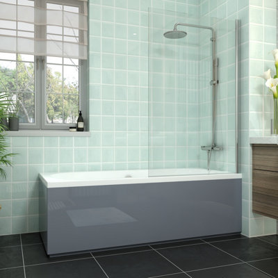 Rinse bathrooms Rinse Double Ended Bath 1700X700mm + Gloss Grey Front Wood Bath Panel + End Panel + Chrome Square Bath Screen from B&Q