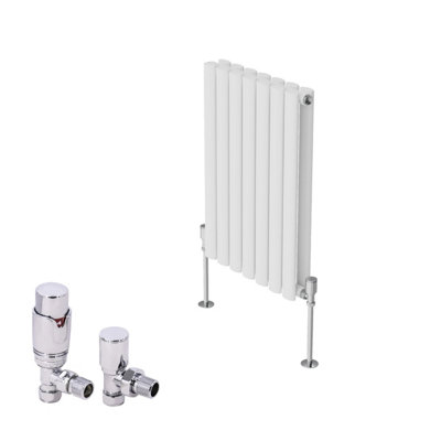 B&Q -  Horizontal Designer Oval Column Radiator Radiators White 600 X 413mm Double With Angled Thermostatic Valve