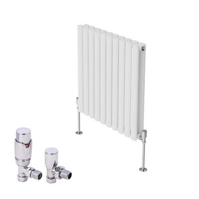 B&Q -  Horizontal Designer Oval Column Radiator Radiators White 600 X 590mm Double With Angled Thermostatic Valve