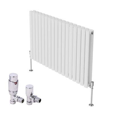 B&Q -  Horizontal Designer Oval Column Radiator Radiators White 600 X 1003mm Double With Angled Thermostatic Valve
