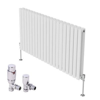 B&Q -  Horizontal Designer Oval Column Radiator Radiators White 600 X 1180mm Double With Angled Thermostatic Valve