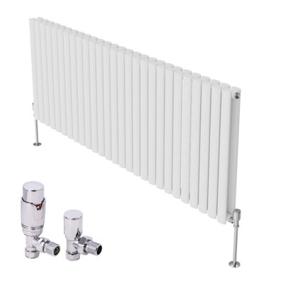 B&Q -  Horizontal Designer Oval Column Radiator Radiators White 600 X 1593mm Double With Angled Thermostatic Valve