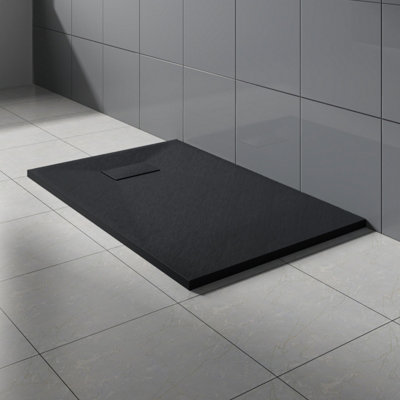 Rinse Bathrooms Black Rectangular Shower Tray Slate Effect Smc Slip-Resistant Shower Base For Enclosures 1200X700mm With Waste