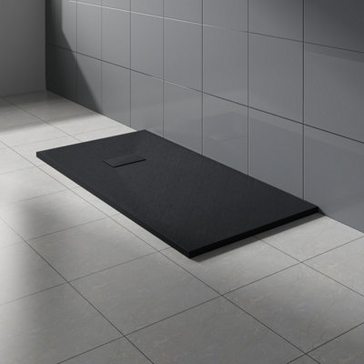 Rinse Bathrooms Black Rectangular Shower Tray Slate Effect Smc Slip-Resistant Shower Base For Enclosures 1300X700mm With Waste from B&Q