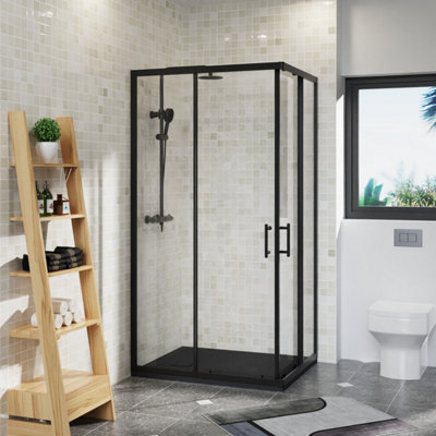 B&Q -  Rinse 1000X800mm Two Sliding Doors Shower Enclosure 6mm Easy Clean Glass Cubicle Black With Black Shower Tray Free Waste