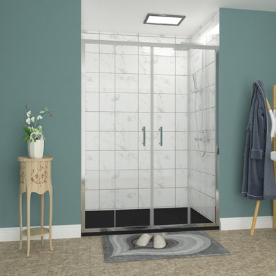 B&Q -  Rinse 1400mm Double Sliding Shower Door Chrome Profile With 1400X1000mm Black Shower Tray&waste