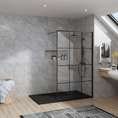 B&Q -  Rinse Black Walkin Shower Enclosure 1000mm 8mm Black Grid Safety Glass Wetroom Shower Screen + Black 1400X900 Shower Tray Waste