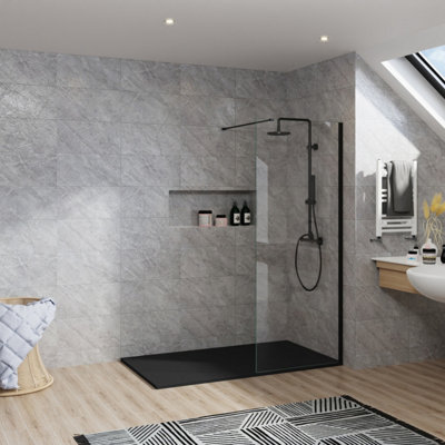 B&Q -  Rinse Black Walkin Shower Enclosure 900mm 8mm Clear Safety Glass Wetroom Shower Screen With Black 1400X800 Shower Tray Waste