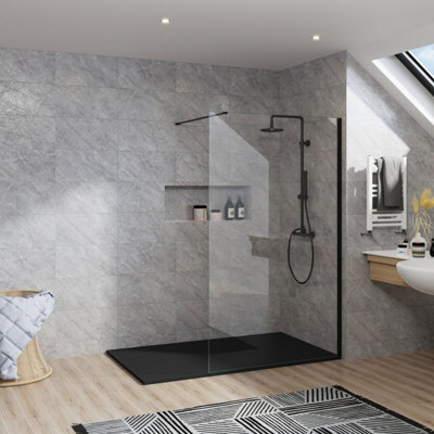 B&Q -  Rinse Black Walkin Shower Enclosure 1000mm 8mm Clear Safety Glass Wetroom Shower Screen With Black 1400X800 Shower Tray Waste