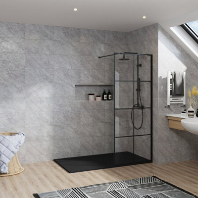 B&Q -  Rinse Black Walkin Shower Enclosure 900mm 8mm Black Grid Safety Glass Wetroom Shower Screen + Black 1700X800 Shower Tray Waste