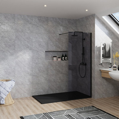 B&Q -  Rinse Black Walkin Shower Enclosure 800mm 8mm Grey Safety Glass Wetroom Shower Screen With Black 1200X800 Shower Tray Waste