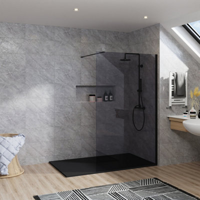 B&Q -  Rinse Black Walkin Shower Enclosure 1000mm 8mm Grey Safety Glass Wetroom Shower Screen With Black 1400X800 Shower Tray Waste