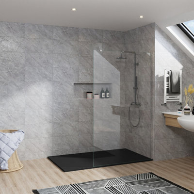B&Q -  Rinse Chrome Walkin Shower Enclosure 1000mm 8mm Clear Safety Glass Wetroom Shower Screen With Black 1400X800 Shower Tray Waste