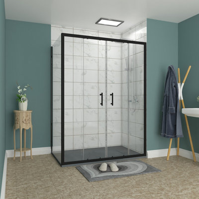 B&Q -  Rinse Black 1400X900mm Sliding Shower Enclosure 6mm Easy Clean Glass Double Doors With Side Panel Anthracite Shower Tray Waste