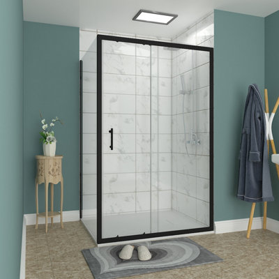 Rinse bathrooms Rinse Black 1200X700mm Sliding Shower Enclosure 6mm Easy Clean Glass Door With Side Panel ,white Shower Tray And Free Waste