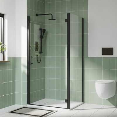 Rinse bathrooms Rinse Black 900X700mm Bathroom Shower Enclosure Hinged Door With Side Panel 6mm Clear Safety Glass White Shower Tray Waste from B&Q