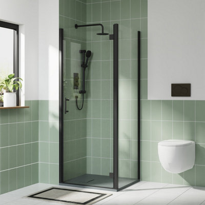 Rinse bathrooms Rinse Black 900X700mm Bathroom Shower Enclosure Hinged Door With Side Panel 6mm Clear Safety Glass Anthracite Shower Tray Waste from B&Q