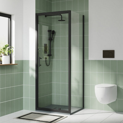 Rinse Bathrooms Rinse Black 800X700mm Pivot Shower Door Enclosure Screen + Side Panel 6mm Shower Glass Self Clean Anthracite Shower Tray Waste