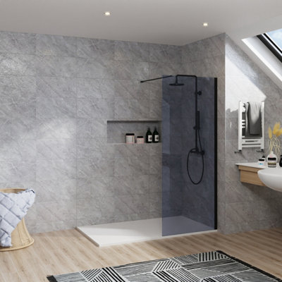 B&Q -  Rinse Black Walkin Shower Enclosure 900mm 8mm Grey Safety Glass Wetroom Shower Screen With White 1700X800 Shower Tray Waste