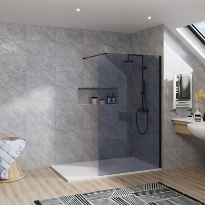 B&Q -  Rinse Black Walkin Shower Enclosure 1000mm 8mm Grey Safety Glass Wetroom Shower Screen With White 1400X800 Shower Tray Waste
