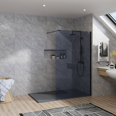 Rinse Bathrooms Rinse Black Walkin Shower Enclosure 1000mm 8mm Grey Safety Glass Wetroom Shower Screen - Anthracite 1400X800 Shower Tray Waste
