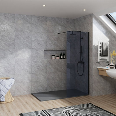 B&Q -  Rinse Black Walkin Shower Enclosure 700mm 8mm Grey Safety Glass Wetroom Shower Screen With Anthracite 1200X800 Shower Tray Waste