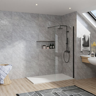 B&Q -  Rinse Black Walkin Shower Enclosure 800mm 8mm Clear Safety Glass Wetroom Shower Screen With White 1200X800 Shower Tray Waste