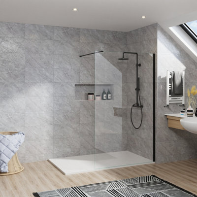 B&Q -  Rinse Black Walkin Shower Enclosure 1000mm 8mm Clear Safety Glass Wetroom Shower Screen With White 1500X900 Shower Tray Waste