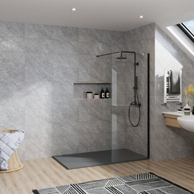 Rinse Bathrooms Rinse Black Walkin Shower Enclosure 900mm 8mm Clear Safety Glass Wetroom Shower Screen + Anthracite 1400X800 Shower Tray Waste