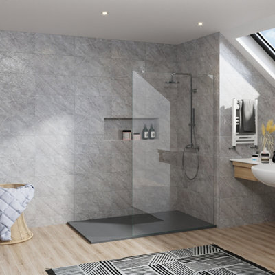 Rinse Bathrooms Rinse Chrome Walkin Shower Enclosure 1200mm 8mm Clear Safety Glass Wetroom Shower Screen + Anthracite 1700X800 Shower Tray Waste