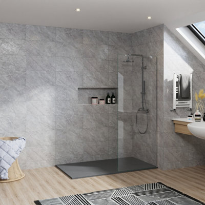 Rinse Bathrooms Rinse Chrome Walkin Shower Enclosure 800mm 8mm Clear Safety Glass Wetroom Shower Screen + Anthracite 1200X900 Shower Tray Waste