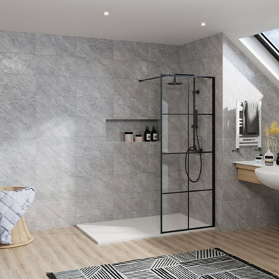 B&Q -  Rinse Black Walkin Shower Enclosure 700mm 8mm Black Grid Safety Glass Wetroom Shower Screen + White 1200X800 Shower Tray Waste