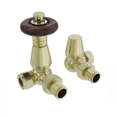 B&Q -  15mm Traditional Trv Thermostatic Corner Radiator Valve With Lockshield Valve Brushed Brass