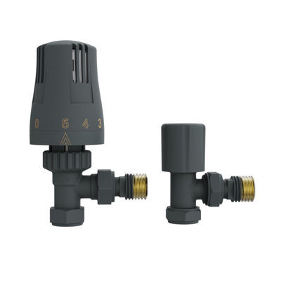 Rinse Bathrooms Thermostatic Radiator Valve 15mm X 1/2" Angled Rad Trv + Lockshield-Anthracite from B&Q