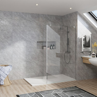 B&Q -  Rinse Walkin Shower Enclosure 1100+300mm Glass Wetroom Chrome Frame Screen With 1700X900 White Tray And Waste