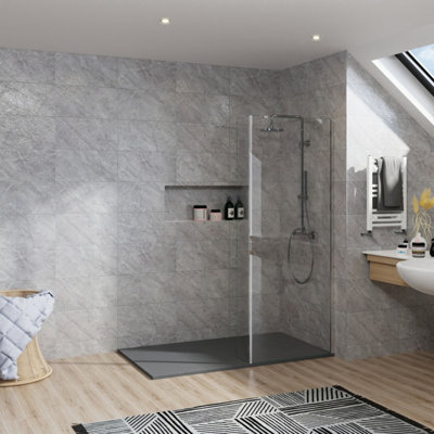 B&Q -  Rinse Walkin Shower Enclosure 760+300mm Glass Wetroom Chrome Frame Screen With 1300X800 Tray And Waste