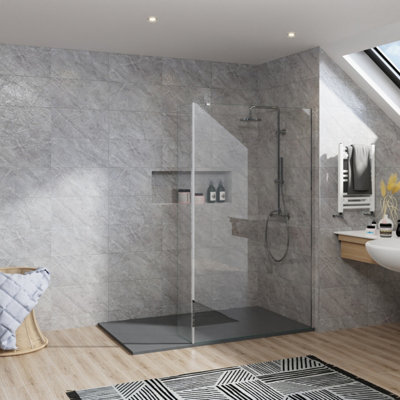 B&Q -  Rinse Walkin Shower Enclosure 1100+300mm Glass Wetroom Chrome Frame Screen With 1800X700 Tray And Waste