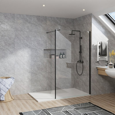 B&Q -  Rinse Walk In Shower Enclosure 1100+215mm Glass Wetroom Black Frame Screen With 1500X700 White Tray And Waste