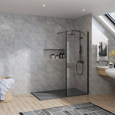 B&Q -  Rinse Walk In Shower Enclosure 760+300mm Glass Wetroom Black Frame Screen With 1600X700 Tray And Waste
