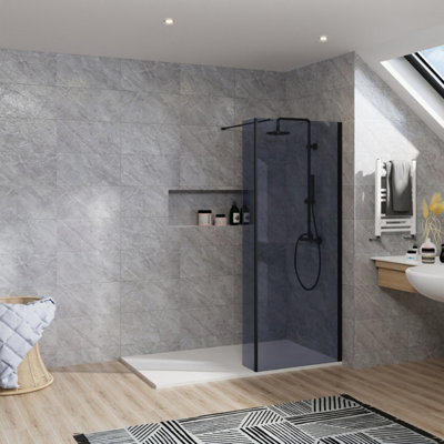 B&Q -  Rinse Walk In Shower Enclosure 760+300mm Grey Glass Wetroom Screen With 1600X700 White Tray And Waste