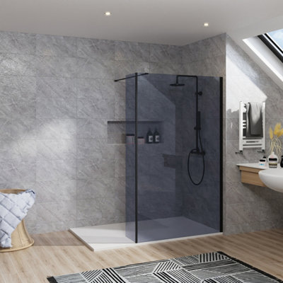Rinse bathrooms Rinse Walk In Shower Enclosure 1200+300mm Grey Glass Wetroom Screen With 1800X900 White Tray And Waste from B&Q