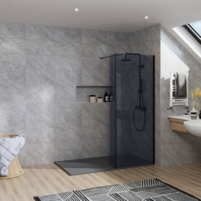 B&Q -  Rinse Walk In Shower Enclosure 760+300mm Grey Glass Wetroom Screen With 1600X700 Tray And Waste