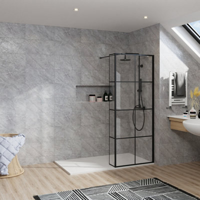 B&Q -  Rinse Walk In Shower Enclosure 760+300mm Glass Wetroom Black Grid Screen With 1600X700 White Tray And Waste