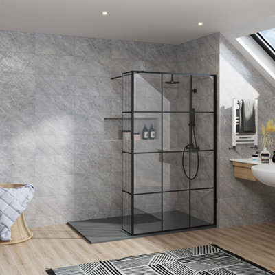 Rinse bathrooms Rinse Walk In Shower Enclosure 1000+215mm Glass Wetroom Black Grid Screen With 1400X900 Tray And Waste from B&Q