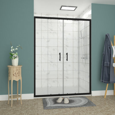 B&Q -  Rinse 1400mm Double Sliding Shower Door Black Profile With 1400X1000mm White Shower Tray&waste