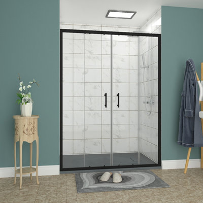 B&Q -  Rinse 1400mm Double Sliding Shower Door Black Profile With 1400X1000mm Anthracite Shower Tray&waste