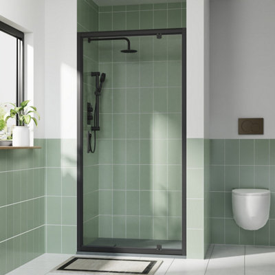 Rinse bathrooms Rinse 900mm Pivot Door Black Profile With 900X700mm Anthracite Shower Tray&waste from B&Q